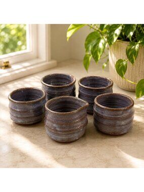 Handcrafted Ceramic Tumblers & Creamer Set Rustic Glazed Pottery 5-Piece Brown &